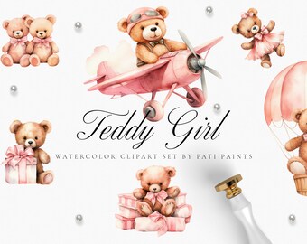 Imágenes Prediseñadas de oso de peluche rosa - decoración de guardería de acuarela - imágenes prediseñadas de baby shower - imágenes prediseñadas de niña - imágenes prediseñadas de cumpleaños de guardería - niña rosa neutra
