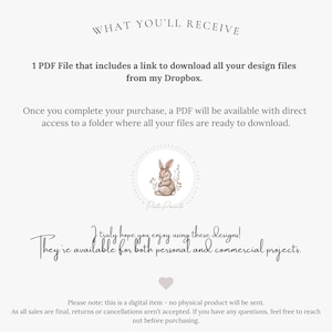 May include: A digital download product description with text that reads "WHAT YOU'LL RECEIVE" and "1 PDF File that includes a link to download all your design files from my Dropbox." Includes a watercolor illustration of a bunny.