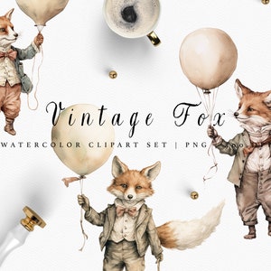 Pacote de clipart de raposa vintage com balão - clipart de animal aquarela para convite de aniversário - clipart de raposa - animal da floresta - clipart de outono