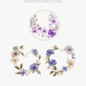 May include: Watercolor clipart pack featuring floral designs. The image includes a circular frame with purple flowers and two heart-shaped frames with blue and cream-colored flowers. Text reads "The Bellflower Ducklings".