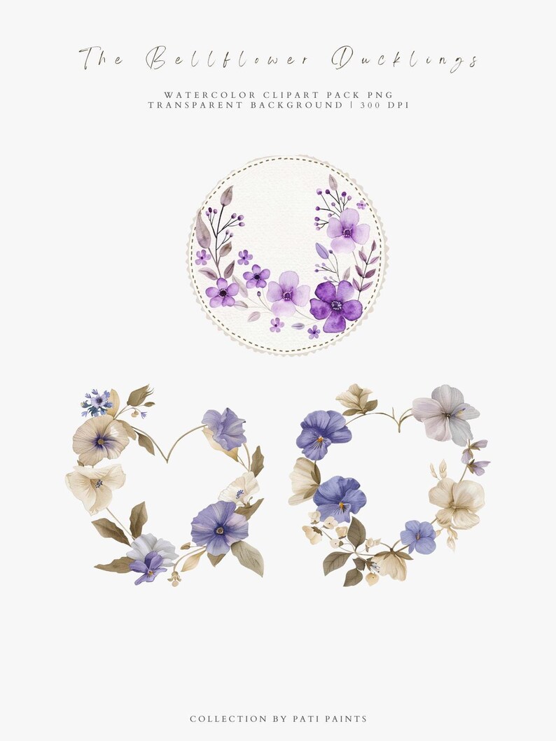 May include: Watercolor clipart pack featuring floral designs. The image includes a circular frame with purple flowers and two heart-shaped frames with blue and cream-colored flowers. Text reads "The Bellflower Ducklings".