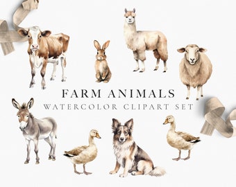 May include: Watercolor clipart set featuring farm animals, including a cow, rabbit, llama, sheep, donkey, duck, and dog. The text "FARM ANIMALS WATERCOLOR CLIPART SET" is displayed in the center of the image. The animals are painted in soft, natural colors.