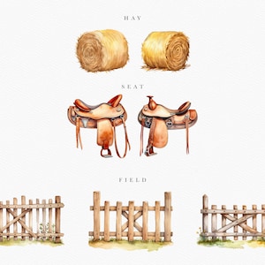 Puede incluir: Ilustraci&oacute;n de acuarela de una paca de heno, una silla de montar y una valla de madera. La ilustraci&oacute;n est&aacute; etiquetada como "HAY", "SEAT" y "FIELD".