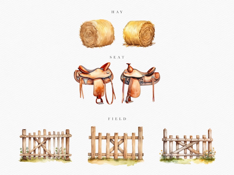 Puede incluir: Ilustraci&oacute;n de acuarela de una paca de heno, una silla de montar y una valla de madera. La ilustraci&oacute;n est&aacute; etiquetada como "HAY", "SEAT" y "FIELD".