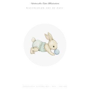 May include: Watercolor illustration of a cream-colored bunny wearing a light blue diaper with white stripes and polka dots, playing with a light blue ball. The text "Watercolor Cute Illustration" and "Watercolor Art by Pati" are at the top.