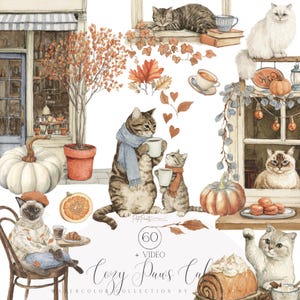 Puede incluir: Ilustración en acuarela de una escena de cafetería para gatos. Presenta gatos con tazas de café, calabazas, hojas de otoño y elementos de cafetería. El texto "Cozy Paws Cafe" es visible. La paleta de colores incluye naranjas, marrones y azules cálidos.