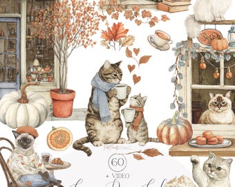 May include: Watercolor illustration of a cozy cat cafe scene. Features cats with coffee cups, pumpkins, autumn leaves, and cafe elements. The text "Cozy Paws Cafe" is visible. The color palette includes warm oranges, browns, and blues.