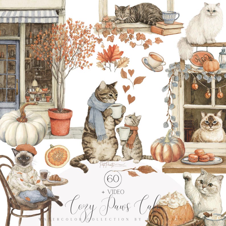 May include: Watercolor illustration of a cozy cat cafe scene. Features cats with coffee cups, pumpkins, autumn leaves, and cafe elements. The text "Cozy Paws Cafe" is visible. The color palette includes warm oranges, browns, and blues.