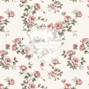 May include: A seamless pattern featuring watercolor roses in shades of pink and cream. The floral design includes full blooms, buds, and green leaves on a light beige background. The text "Seamless Pattern" is visible.