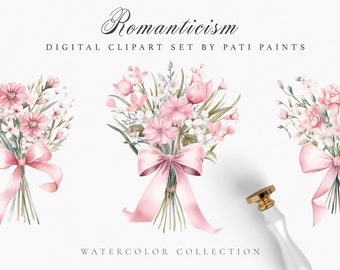 Clipart de buquê de flores silvestres rosa pastel aquarela para convite de casamento - buquês de flores - buquês florais de prado - clipart floral rosa empoeirado
