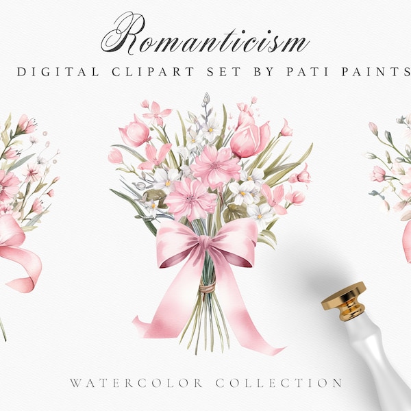 Watercolor Pastel Pink Wildflower Bouquet Clipart for Wedding Invite - Blossom Bouquets - Meadow Floral Bouquets - Dusty Pink Floral Clipart