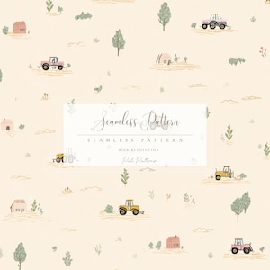 Pode incluir: Um design de padrão contínuo com ilustrações repetidas de tratores, casas, árvores e nuvens em um fundo bege. O texto "Seamless Pattern" é exibido em uma moldura retangular. O design tem uma estética lúdica e desenhada à mão.