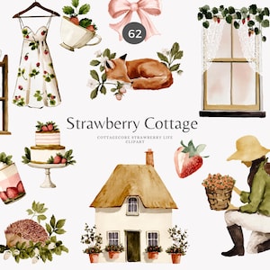 Ensemble de 62 cliparts cottage fraise aquarelle, chemise fraise cottagecore, clipart cuisine de ferme, cuisson vintage - décoration cottage