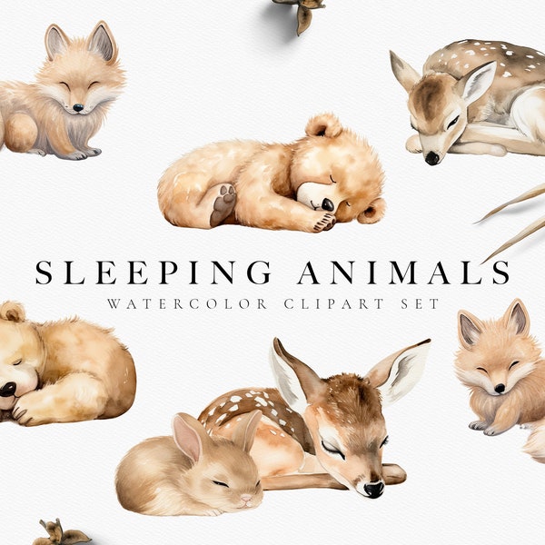 Acuarela animales durmientes Clipart PNG - Gráficos de decoración de vivero - Uso comercial - Acuarela oso ciervo conejito zorro animal - animales del bosque