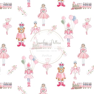 Nutcracker Ballet Seamless Pattern, Pink Christmas Digital Paper JPG, Ballerina Holiday Background, Cute Kids Xmas Scrapbook Paper