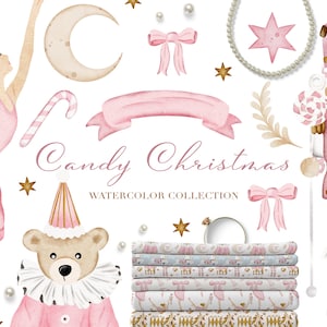 Clipart de Natal de doces - Árvore de Natal rosa - Decoração de berçário em aquarela - Balé quebra-nozes - Bebê de brinquedo de Natal - Padrão sem emenda de Natal