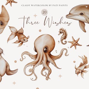 Aquarel schattige oceaandieren Clipart Set - drie wensen Clipart - goudvis Clipart - Under The Sea - schattige zeedieren - koraal, rifkunst