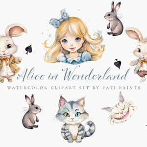 Alicja w Krainie Czarów Clipart na Baby Shower Invite - Akwarelowy Królik Clipart - Bajkowa Sztuka Dziecięca - Cheshire Cat - Magiczny Pokój Dziecięcy PNG