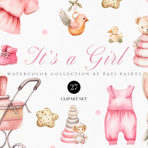 Aquarell Baby Mädchen Clipart für Baby-Dusche-Einladung - Es ist ein Mädchen Clipart - Kinderzimmer Dekor Clipart - Rosa Baby Mädchen Spielzeug Kinderwagen Clipart