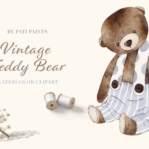 Acquerello Teddy Bear Clipart - Vintage Bear Clipart PNG - Nursery Decor - Baby Bear PNG - Cute Bear Clip Art - Acquerello Animale Woodland