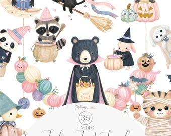 Watercolor Halloween Animal Clipart, Trick or Treat Animals PNG, Cute Halloween Friends, Watercolor Pastel Halloween, Witch Bear Cat Owl Art