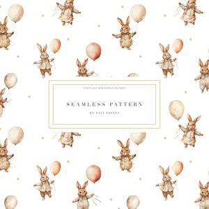 Patrón sin costuras de conejito de cumpleaños - Conjunto de papel digital de vivero de acuarela - Estilo Beatrix Potter - Diseño de tela para invitación a baby shower - Imprimir