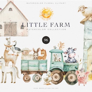 Pacchetto di clipart per piccoli animali da fattoria ad acquerello - Clipart per album - Clipart per vivaio - Animali da fattoria carini - Decorazioni per baby shower - Set di animali per bambini