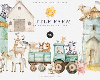 Watercolor Little Farm Animal Clipart Bundle - Scrapbook Clipart - Nursery Clipart - Cute Farm Animals - Baby Shower Decor - Baby Animal Set
