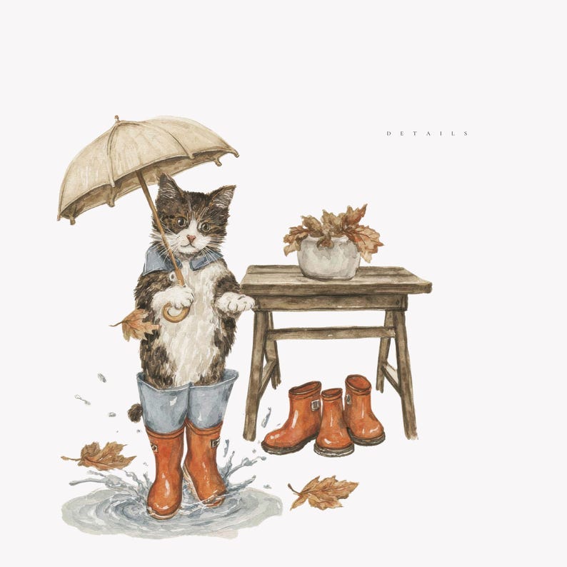 May include: Watercolor illustration of a cat wearing a blue shirt, blue jeans, and orange rain boots, holding a beige umbrella. The cat is standing in a puddle with splashing water. A small wooden table holds a white pot with autumn leaves. Three pairs of orange rain boots are on the ground.