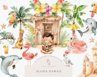 May include: Watercolor illustration of a tropical island scene with a boy playing a ukulele, a pink flamingo, a dolphin, a chameleon, a palm tree, a hut, a sandcastle, and a cockatoo. The illustration is titled "Aloha Hawaii" and includes the text "High Resolution Watercolor Clipart" and "Pati Paints".