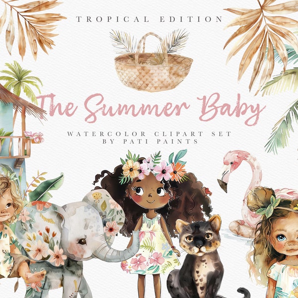 Boho Summer Baby Clipart Bundle - Watercolor Tropical Animals Clipart - Nursery Clipart Pack - Scrapbook Images - Jungle Clipart - Tropical