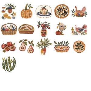 May include: Watercolor clipart pack featuring various autumn-themed illustrations. Includes a pumpkin, pie, pears, and a hen with eggs. The text at the top reads "Collection by Dale Paints". The illustrations are in shades of orange, brown, and green.