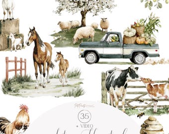 May include: Watercolor illustration featuring farm animals, a vintage truck loaded with pumpkins, and the text "Autumn Homestead." The scene includes a horse, foal, sheep, cow, calf, goat, and a rooster, evoking a rustic autumn theme.