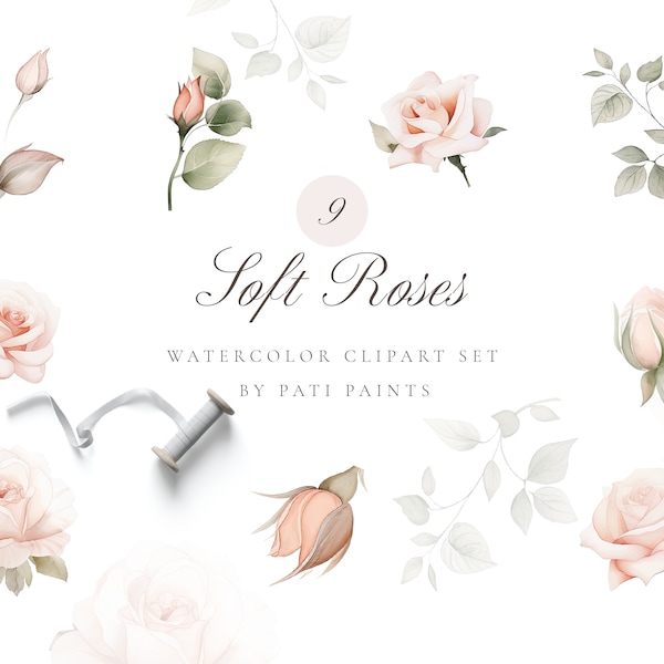 Watercolor Light Rose Clipart Set Floral Digital Clipart Wedding Roses Clipart PNG Delicate Soft Flower Rose Watercolor Clipart Commercial