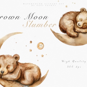 Schlafender Bär auf dem Mond Clipart Bundle - Aquarell Teddy Bär Clipart - Babyparty einladen - Kinderzimmer Clipart - Aquarell Bär Clipart