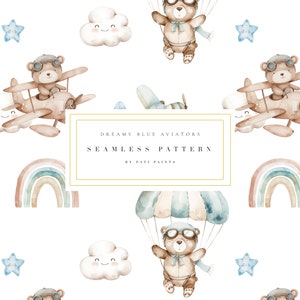 Papel digital del oso aviador de la acuarela - Patrón sin costuras del vivero - Osos del vivero de la nube del cielo - Papel azul polvoriento - Papel de la acuarela - Álbum de recortes