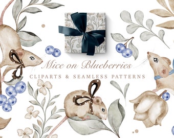 Watercolor Mice Clipart Blueberry PNG Nursery WallArt Cute Animal Illustration Seamless Pattern for Fabric Baby Shower Invite Mouse Clipart