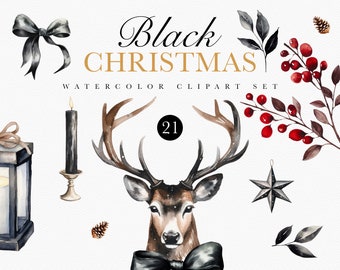 Imágenes prediseñadas de Navidad negra - Imágenes prediseñadas digitales de acuarela - Invitación de Navidad moderna - Arte de la pared de Navidad - Imágenes prediseñadas de invierno - Conjunto PNG de imágenes prediseñadas negras