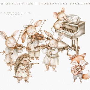 May include: A watercolor illustration of a group of woodland animals playing music. A hedgehog plays a flute, two rabbits play violins, a mouse plays a piano, and a fox plays a guitar. The animals are all dressed in cute clothes and have friendly expressions.