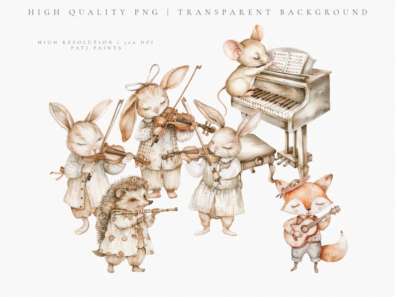 May include: A watercolor illustration of a group of woodland animals playing music. A hedgehog plays a flute, two rabbits play violins, a mouse plays a piano, and a fox plays a guitar. The animals are all dressed in cute clothes and have friendly expressions.