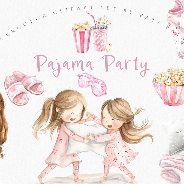 Pink Pajama Party Clipart Pack - Nursery Clipart for Girl - Watercolor Slippers - Sleeping Mask - Pillow Clipart - Its a Girl - Baby Shower