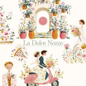 Può includere: Illustrazione ad acquerello a tema matrimonio. Include una sposa, uno sposo, una torta, una pizza e uno scooter rosa. L'immagine presenta accenti floreali, archi e il testo "La Dolce Nozze".