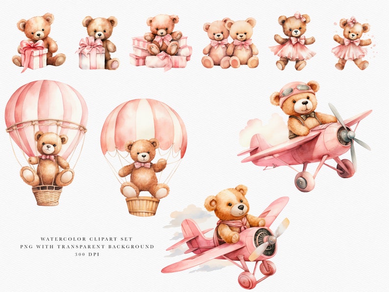 Pink Teddy Bear Clipart - Watercolor Nursery Decor - Baby Shower ...