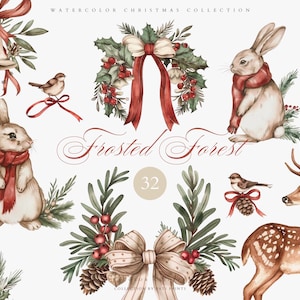 Set di clipart di amici del bosco di Natale ad acquerello - Clipart della foresta invernale - Coniglio, cervo, volpe, uccello, orso - PNG per bambini di Natale ad acquerello