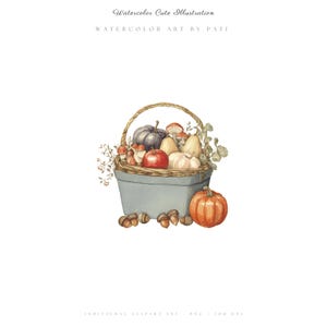 May include: Watercolor illustration of a basket filled with autumn harvest items. The basket contains a variety of pumpkins, mushrooms, and an apple. An orange pumpkin and acorns are placed outside the basket. The text "Watercolor Cute Illustration" is at the top.