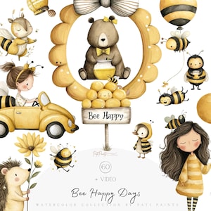 Pacchetto di clipart di api, 60 api e fiori acquerellati in formato PNG, set di clipart di api carine per biglietti, adesivi, decorazioni per la cameretta dei bambini, download istantaneo