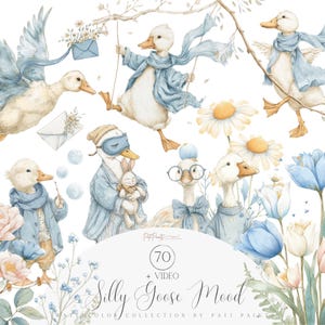 Watercolor Silly Goose Clipart Bundle, Gooseberry Clipart Pack, Nursery Whimsical Goose, Commercial License, Quirky Animals PNG, Funny Art