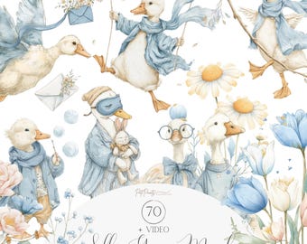 Watercolor Silly Goose Clipart Bundle, Gooseberry Clipart Pack, Nursery Whimsical Goose, Commercial License, Quirky Animals PNG, Funny Art