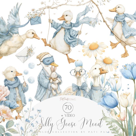 Watercolor Silly Goose Clipart Bundle, Gooseberry Clipart Pack, Nursery Whimsical Goose, Commercial License, Quirky Animals PNG, Funny Art