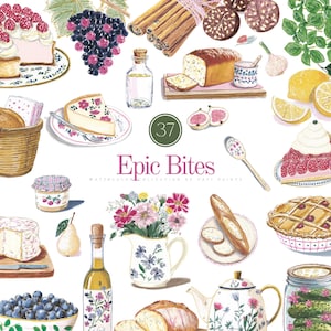 Puede incluir: Ilustración en acuarela con varios alimentos, incluyendo productos de panadería, frutas y especias. La imagen incluye un pan, una porción de tarta de queso, un tarro de mermelada y una jarra floral. El texto "Epic Bites" también es visible.